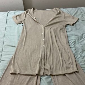 RIBBED HENLEY SHIRT - RIBBED WIDE LEG PANTS